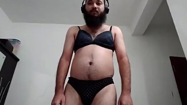 Indian daddy in bra and panty fingering his asshole