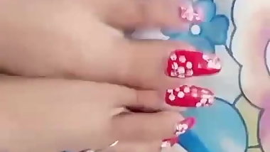 Long red sharp nails toenais of gf