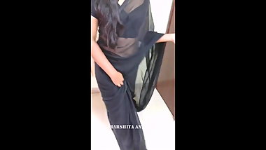 Indian Harshita wearing black saree seducing all her lovers
